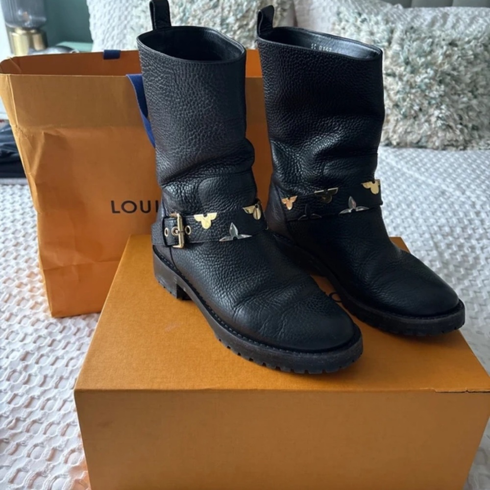 Louis Vuitton Black Leather Moto Boots with Gold Accents
